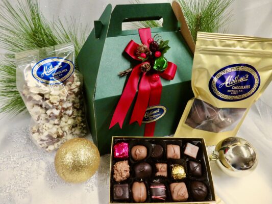 Holiday handle box filled with Chocolate Confections and Sponge Candy