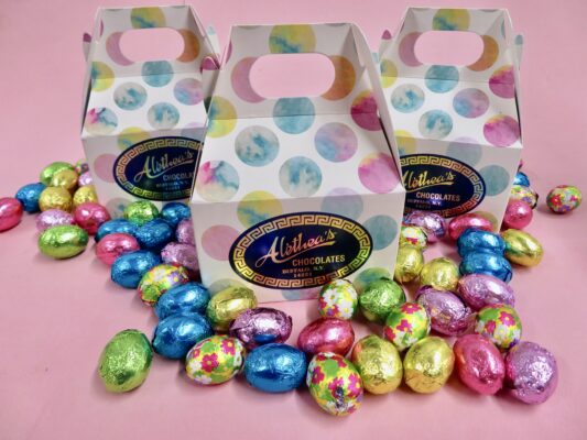 charming Easter gable box filled with chocolate foiled eggs