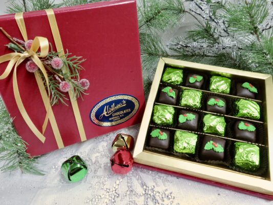 Elegant Holiday decorated, Truffle box with Mint Julep Truffles and French Mints