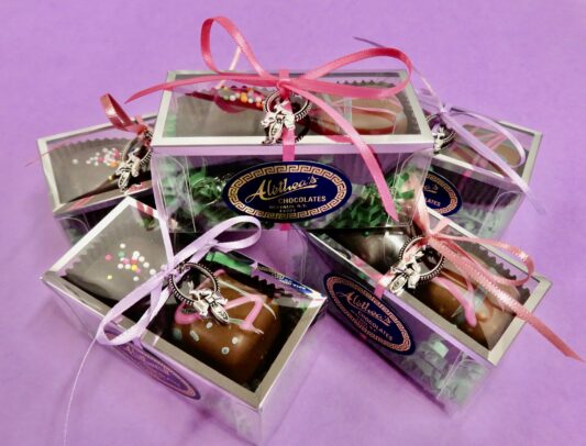 Tiny gift box holding two artisan truffles and embellished with an Easter charm